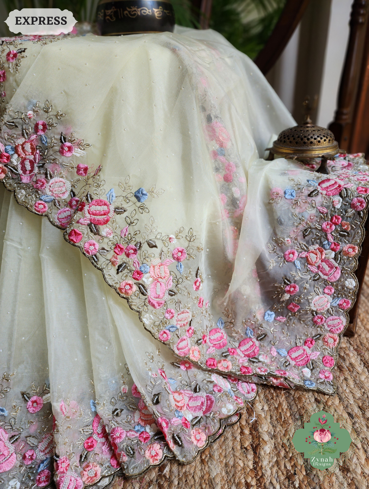 Zynah Pastel Lemon Yellow Organza Silk Saree With Delicate Floral Embroidery & Hand Embellished With Pearls & Cutdana Beads; Custom Stitched/Ready-made Blouse, Fall, Petticoat; SKU: 0503202501