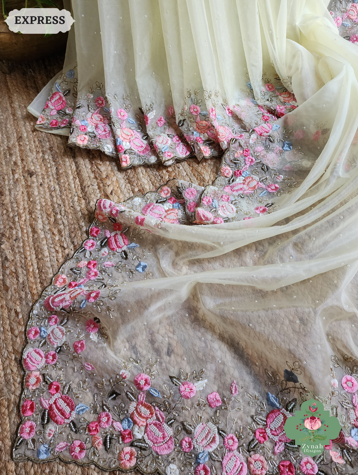 Zynah Pastel Lemon Yellow Organza Silk Saree With Delicate Floral Embroidery & Hand Embellished With Pearls & Cutdana Beads; Custom Stitched/Ready-made Blouse, Fall, Petticoat; SKU: 0503202501