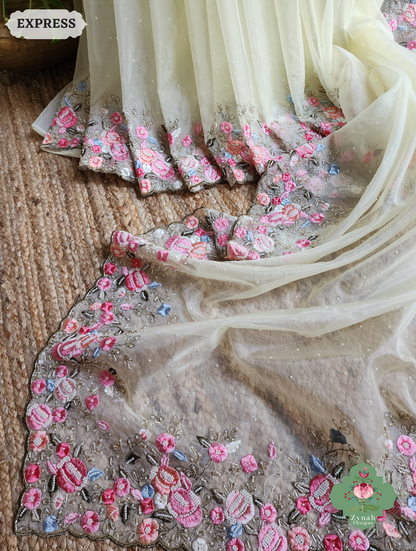 Zynah Pastel Lemon Yellow Organza Silk Saree With Delicate Floral Embroidery & Hand Embellished With Pearls & Cutdana Beads; Custom Stitched/Ready-made Blouse, Fall, Petticoat; SKU: 0503202501