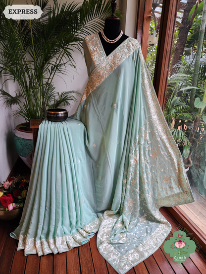 Zynah Gulrez – Pastel Mint Green Pure Crepe Silk Parsi Gara Saree with Hand Embroidery