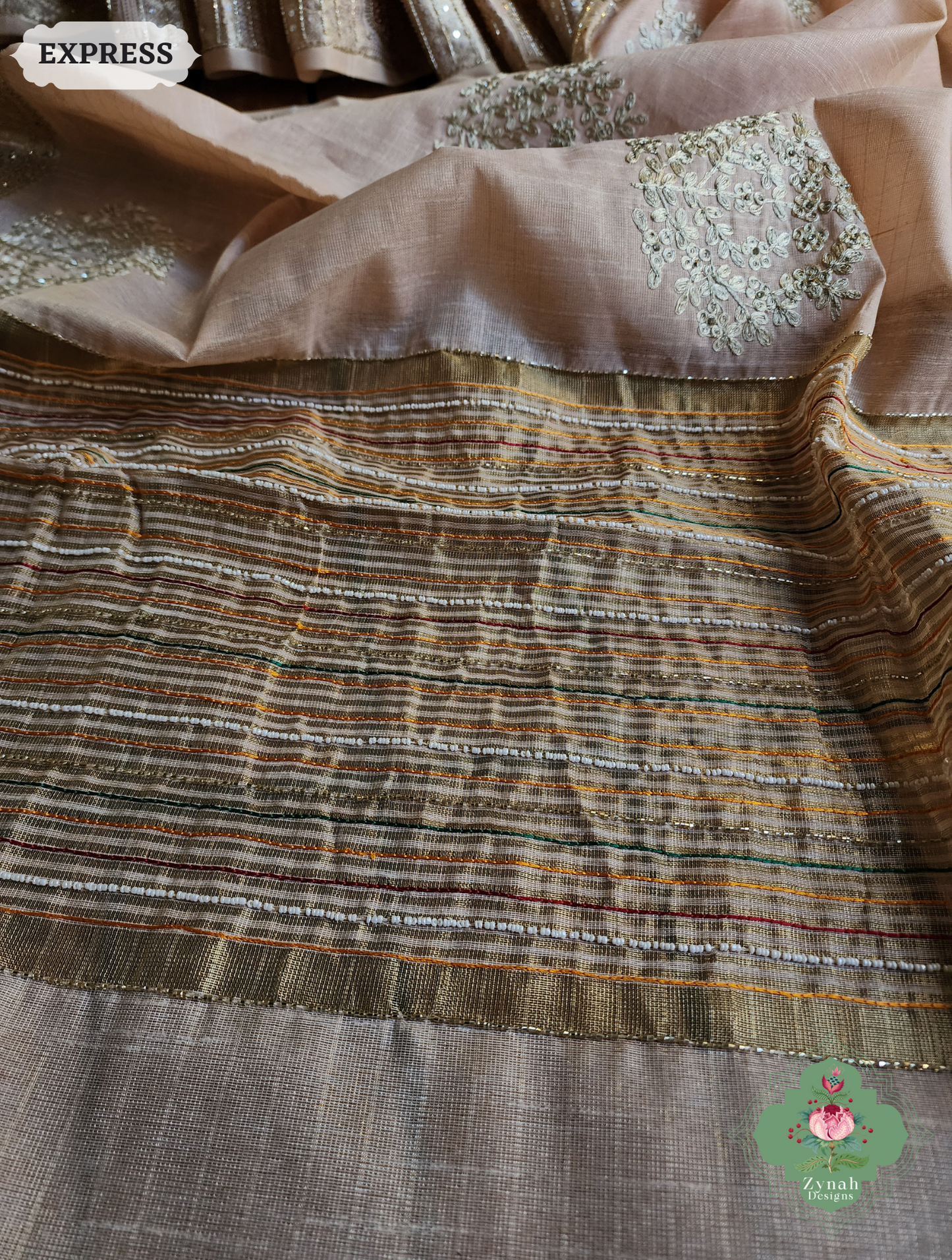 Zynah Pastel Peach Kota Tissue Saree With Pita Work & Delicate Hand Embellishments; Custom Stitched/Ready-made Blouse, Fall, Petticoat; SKU: 1403202501