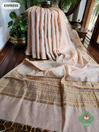 Zynah Pastel Peach Kota Tissue Saree With Pita Work & Delicate Hand Embellishments; Custom Stitched/Ready-made Blouse, Fall, Petticoat; SKU: 1403202501