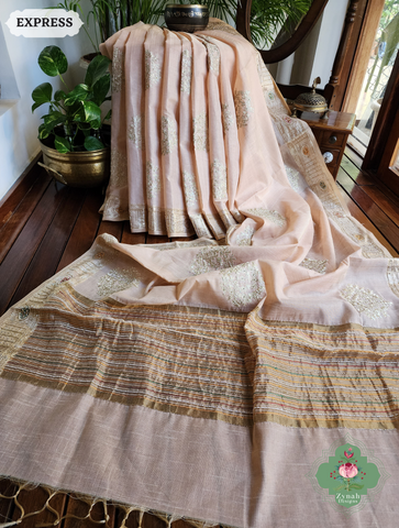 Zynah Pastel Peach Kota Tissue Saree With Pita Work & Delicate Hand Embellishments; Custom Stitched/Ready-made Blouse, Fall, Petticoat; SKU: 1403202501