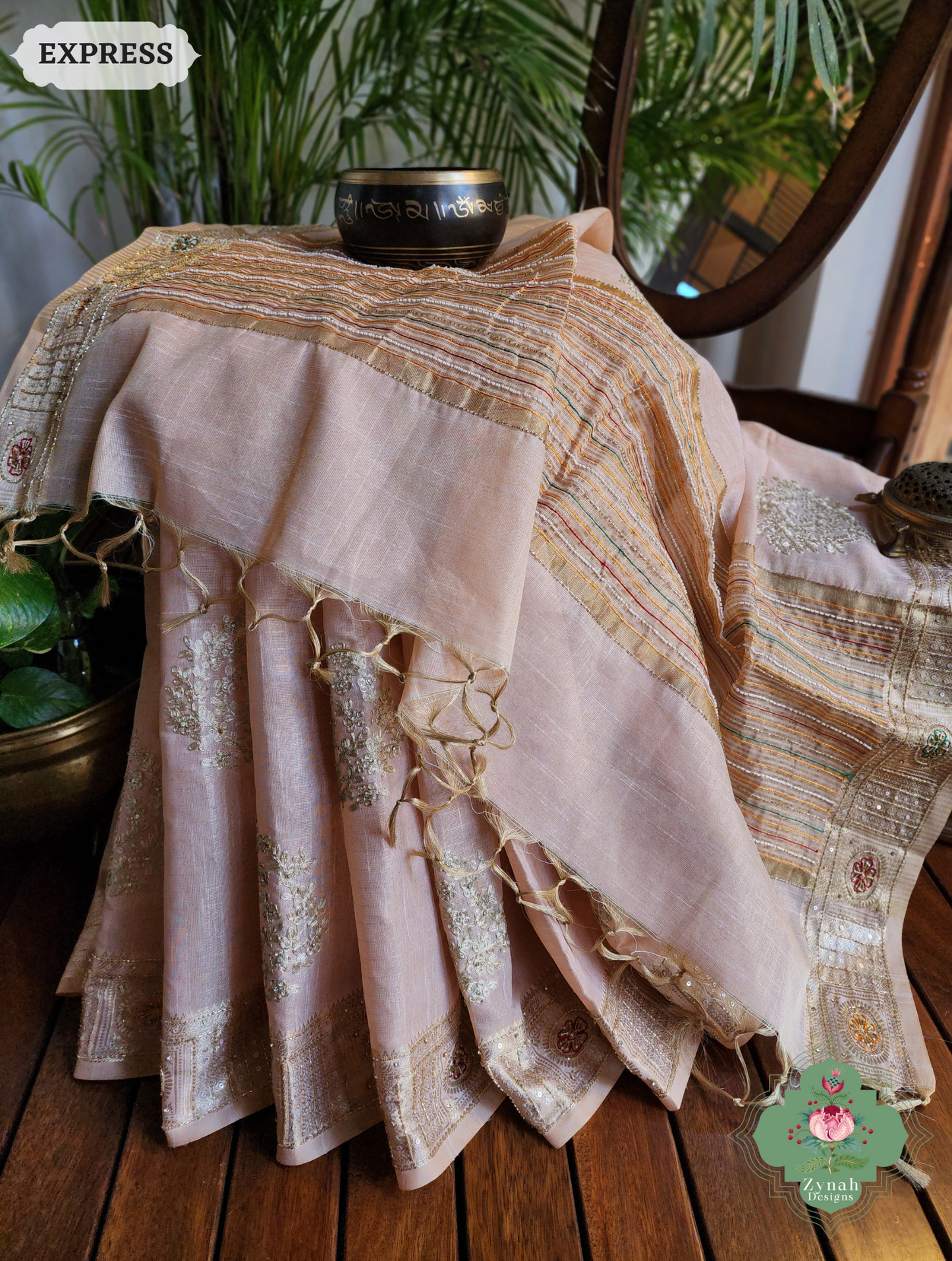 Zynah Pastel Peach Kota Tissue Saree With Pita Work & Delicate Hand Embellishments; Custom Stitched/Ready-made Blouse, Fall, Petticoat; SKU: 1403202501