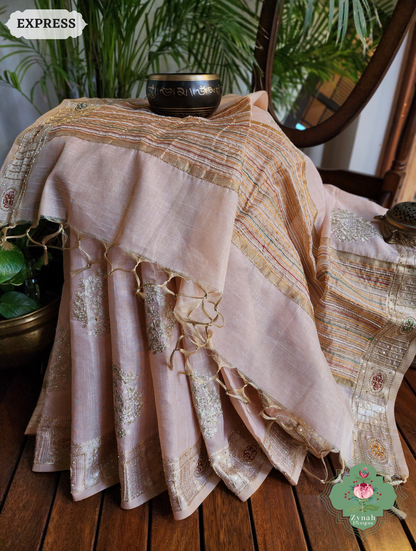 Zynah Pastel Peach Kota Tissue Saree With Pita Work & Delicate Hand Embellishments; Custom Stitched/Ready-made Blouse, Fall, Petticoat; SKU: 1403202501