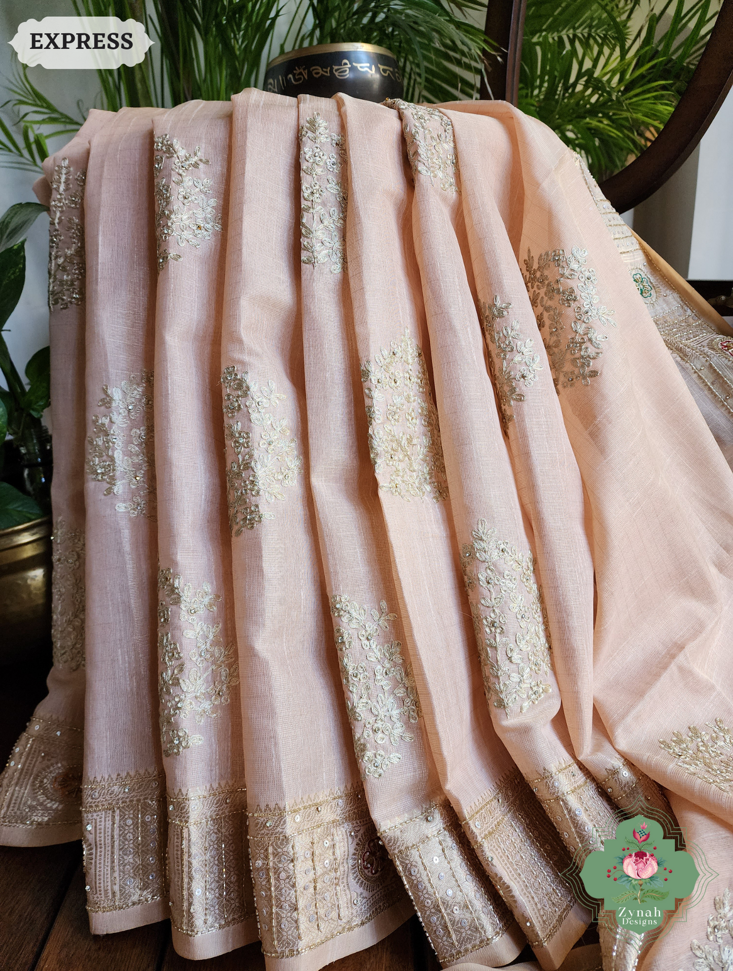 Zynah Pastel Peach Kota Tissue Saree With Pita Work & Delicate Hand Embellishments; Custom Stitched/Ready-made Blouse, Fall, Petticoat; SKU: 1403202501