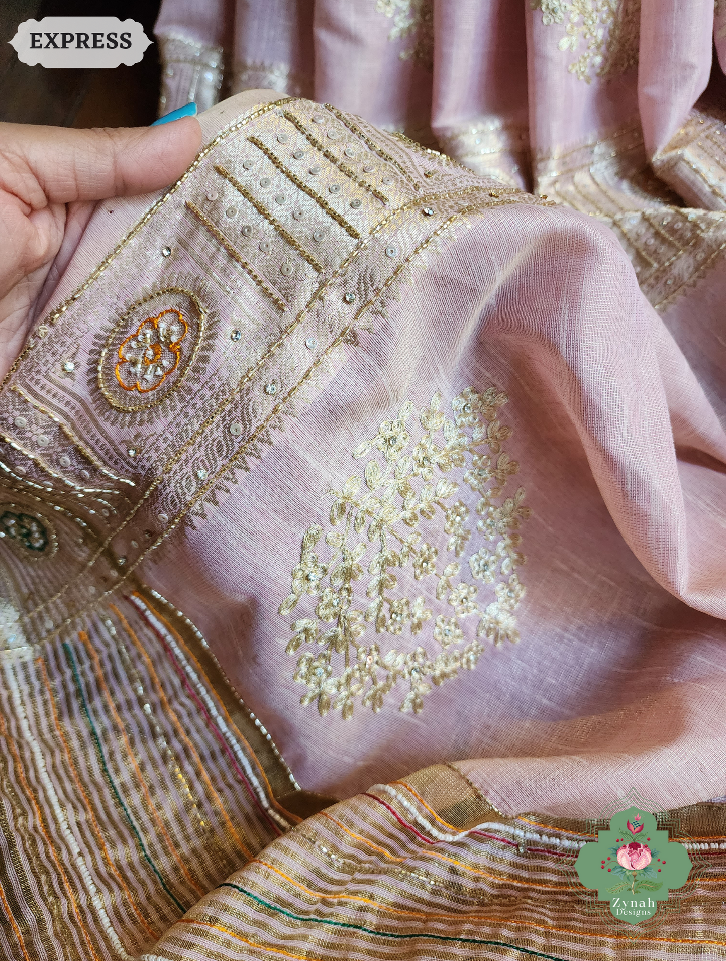 Zynah Pastel Pink Kota Tissue Saree With Pita Work & Delicate Hand Embellishments; Custom Stitched/Ready-made Blouse, Fall, Petticoat; SKU: 1403202504