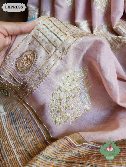 Zynah Pastel Pink Kota Tissue Saree With Pita Work & Delicate Hand Embellishments; Custom Stitched/Ready-made Blouse, Fall, Petticoat; SKU: 1403202504
