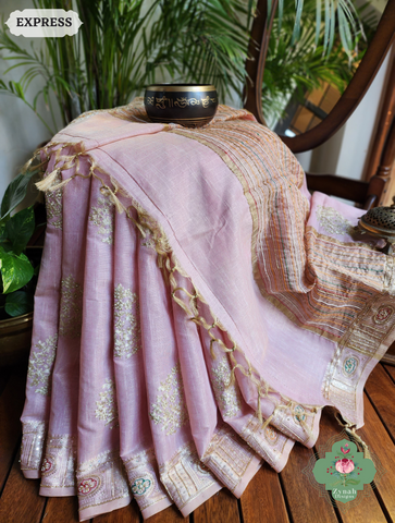 Zynah Pastel Pink Kota Tissue Saree With Pita Work & Delicate Hand Embellishments; Custom Stitched/Ready-made Blouse, Fall, Petticoat; SKU: 1403202504