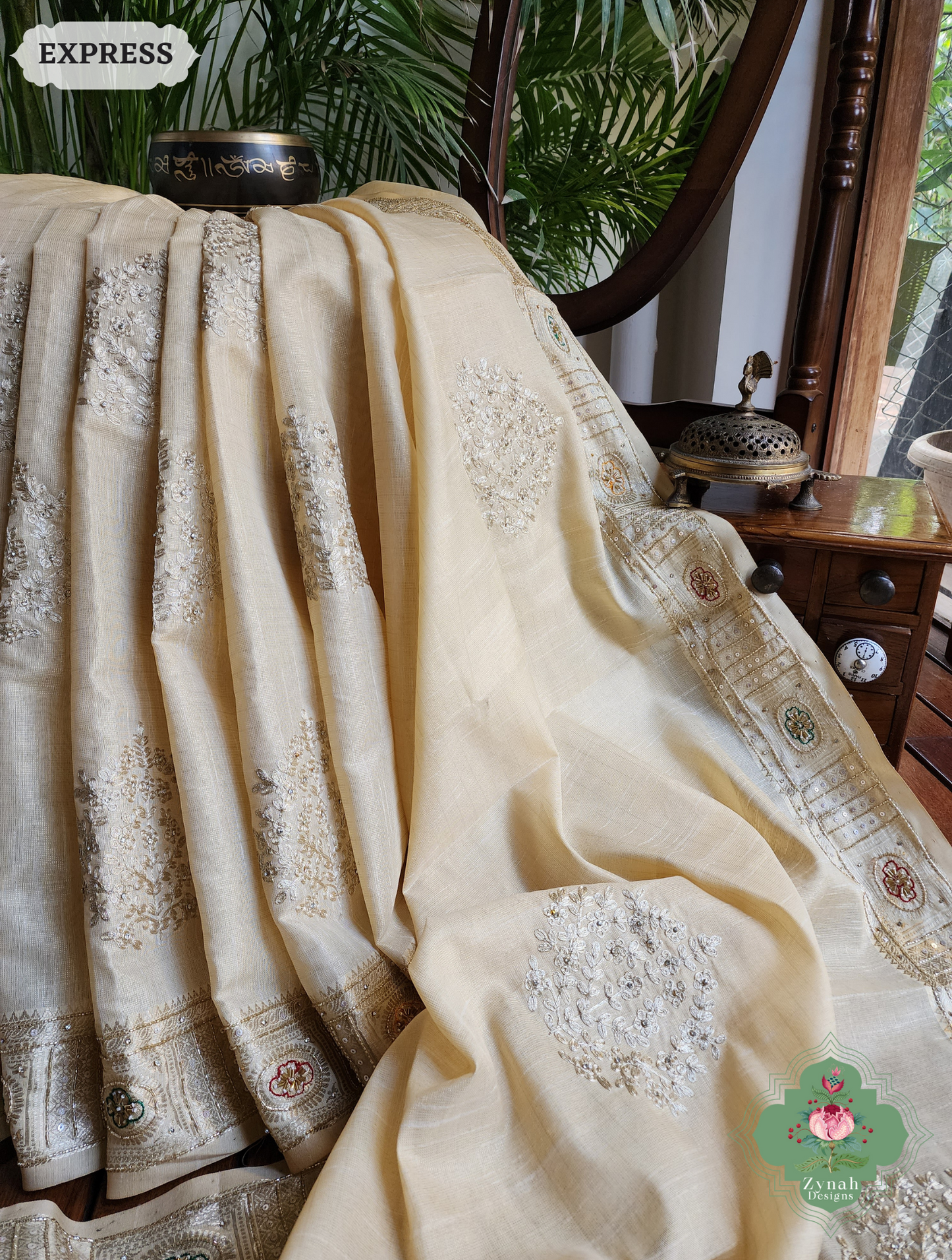 Zynah Pastel Yellow Kota Tissue Saree With Pita Work & Delicate Hand Embellishments; Custom Stitched/Ready-made Blouse, Fall, Petticoat; SKU: 1403202502