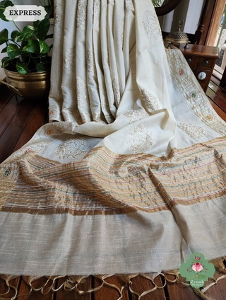 Zynah Pastel Yellow Kota Tissue Saree With Pita Work & Delicate Hand Embellishments; Custom Stitched/Ready-made Blouse, Fall, Petticoat; SKU: 1403202502