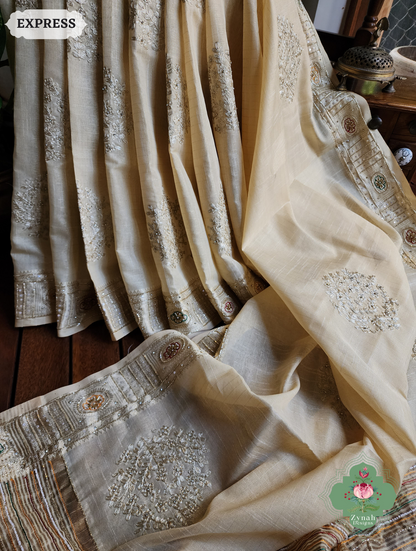 Zynah Pastel Yellow Kota Tissue Saree With Pita Work & Delicate Hand Embellishments; Custom Stitched/Ready-made Blouse, Fall, Petticoat; SKU: 1403202502