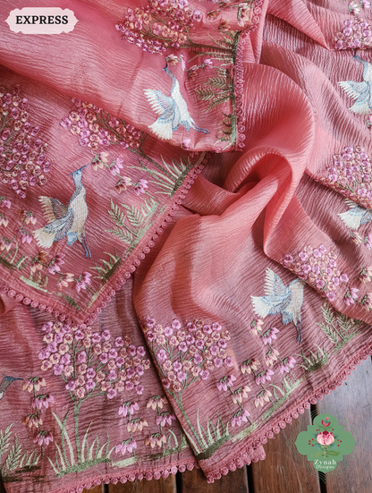 Zynah Peach Crushed Organza Tissue Saree With Exquisite Bird Embroidery; Custom Stitched/Ready-made Blouse, Fall, Petticoat; SKU: 0311202501