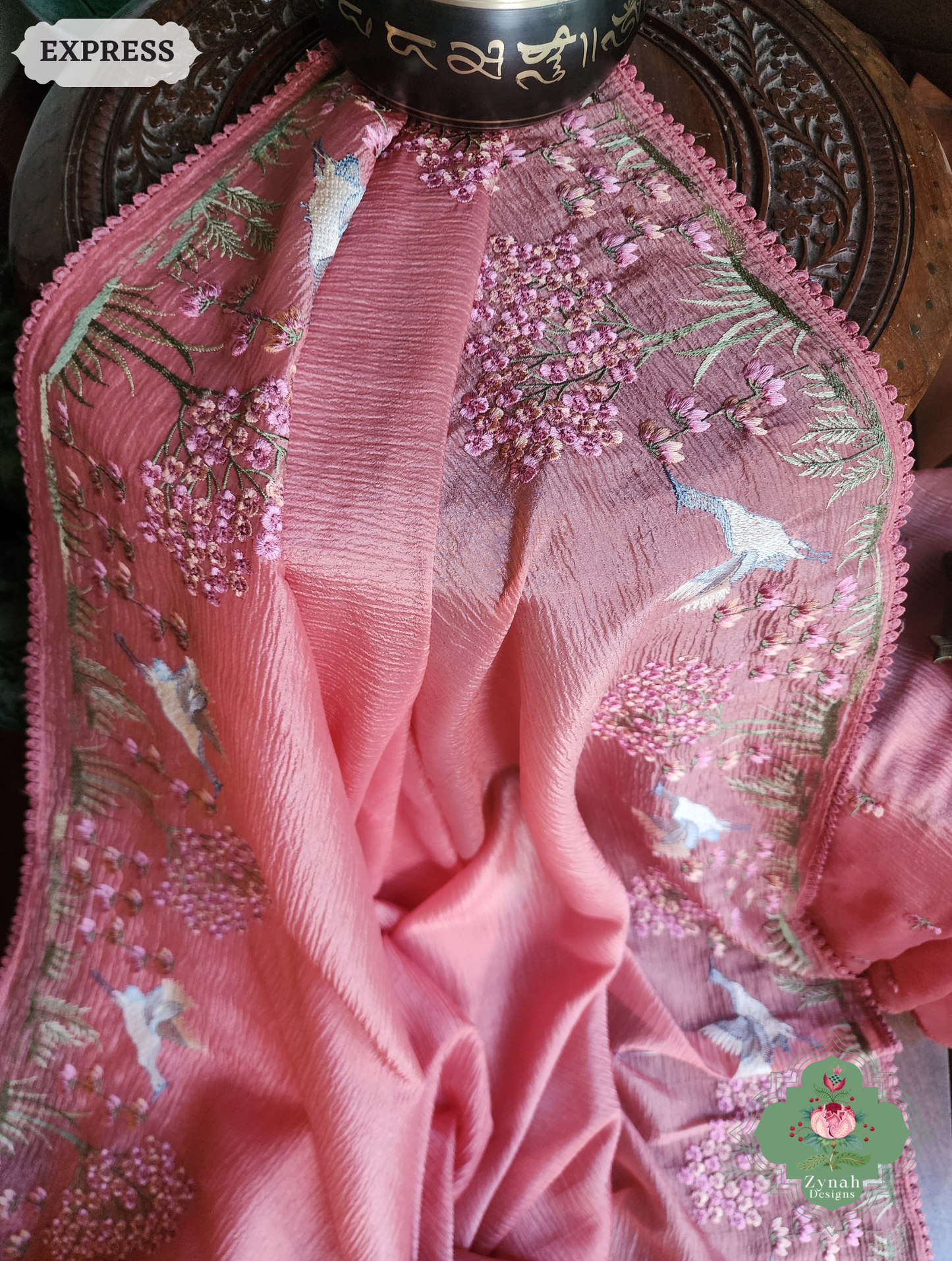 Zynah Peach Crushed Organza Tissue Saree With Exquisite Bird Embroidery; Custom Stitched/Ready-made Blouse, Fall, Petticoat; SKU: 0311202501