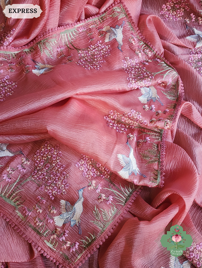 Zynah Peach Crushed Organza Tissue Saree With Exquisite Bird Embroidery; Custom Stitched/Ready-made Blouse, Fall, Petticoat; SKU: 0311202501