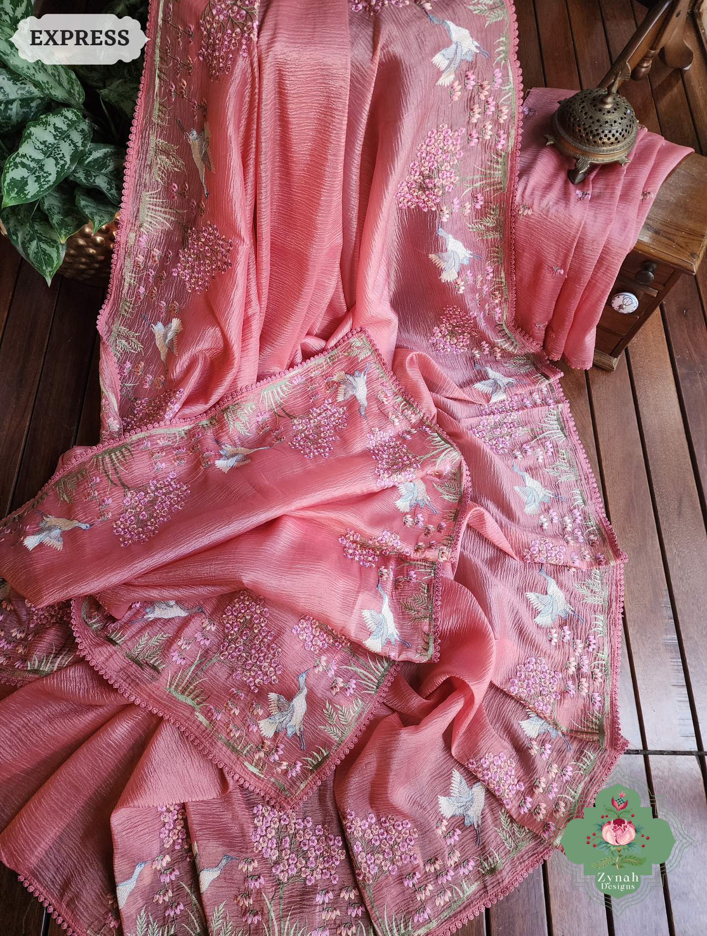 Zynah Peach Crushed Organza Tissue Saree With Exquisite Bird Embroidery; Custom Stitched/Ready-made Blouse, Fall, Petticoat; SKU: 0311202501