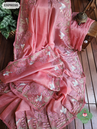 Zynah Peach Crushed Organza Tissue Saree With Exquisite Bird Embroidery; Custom Stitched/Ready-made Blouse, Fall, Petticoat; SKU: 0311202501