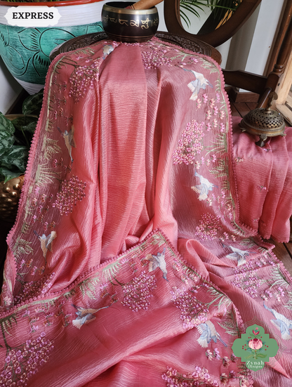 Zynah Peach Crushed Organza Tissue Saree With Exquisite Bird Embroidery; Custom Stitched/Ready-made Blouse, Fall, Petticoat; SKU: 0311202501