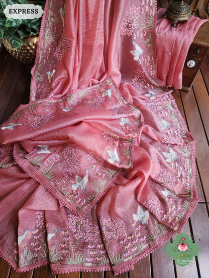 Zynah Peach Crushed Organza Tissue Saree With Exquisite Bird Embroidery; Custom Stitched/Ready-made Blouse, Fall, Petticoat; SKU: 0311202501