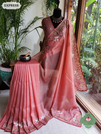 Zynah Peach Crushed Organza Tissue Saree With Exquisite Bird Embroidery; Custom Stitched/Ready-made Blouse, Fall, Petticoat; SKU: 0311202501