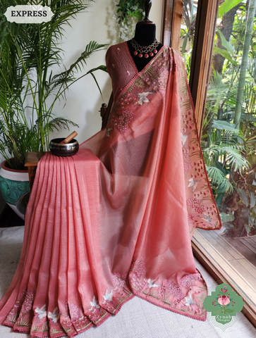 Zynah Peach Crushed Organza Tissue Saree With Exquisite Bird Embroidery; Custom Stitched/Ready-made Blouse, Fall, Petticoat; SKU: 0311202501