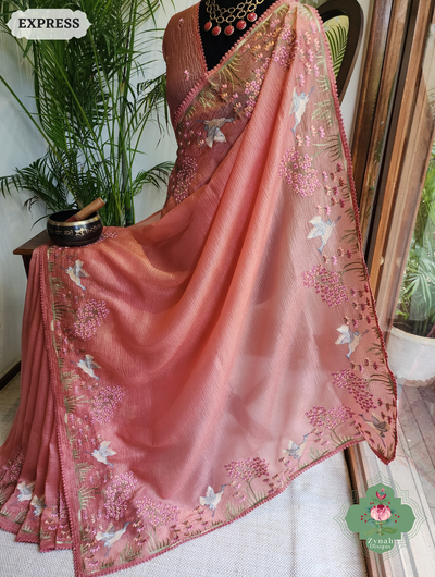 Zynah Peach Crushed Organza Tissue Saree With Exquisite Bird Embroidery; Custom Stitched/Ready-made Blouse, Fall, Petticoat; SKU: 0311202501