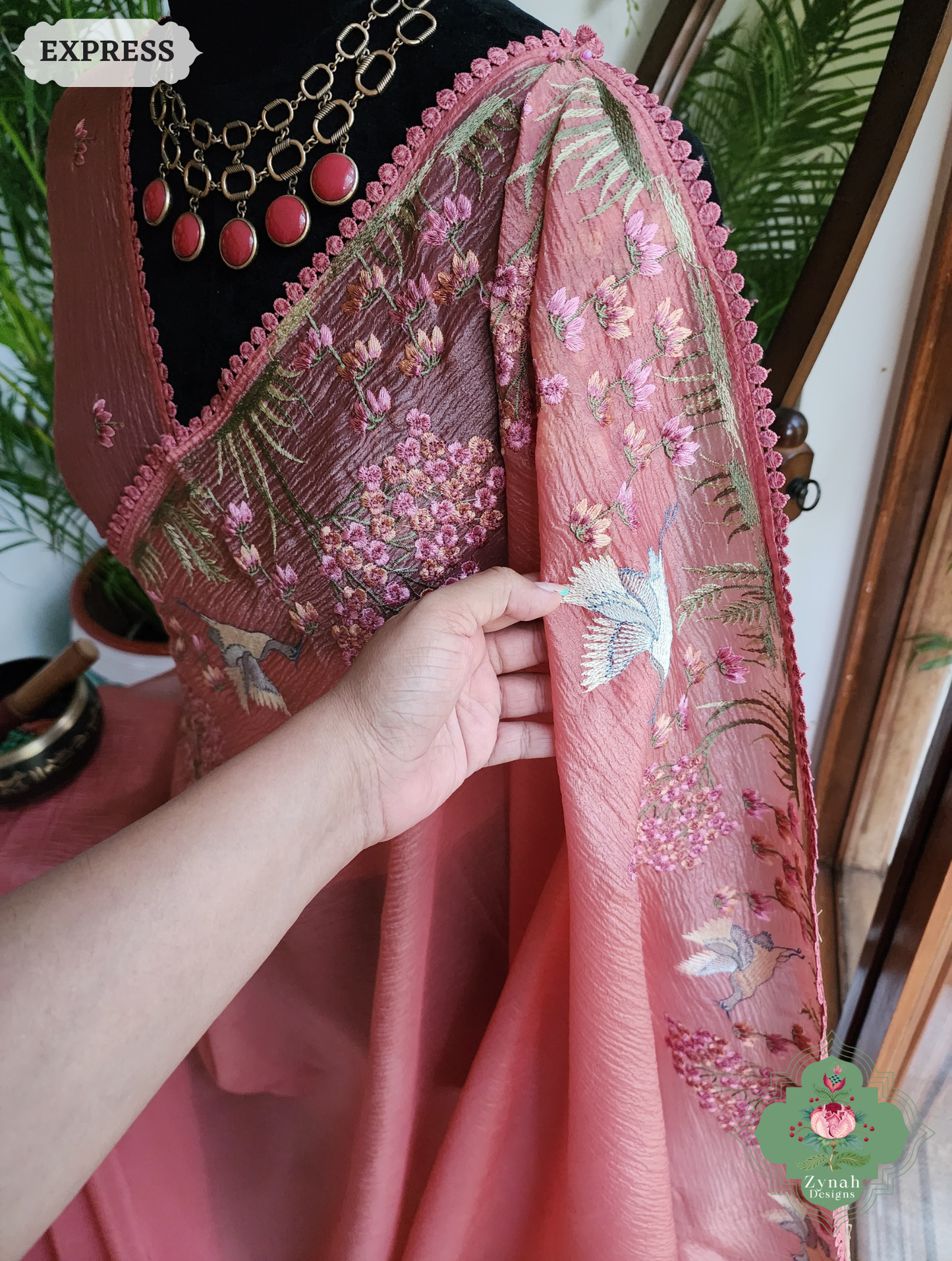 Zynah Peach Crushed Organza Tissue Saree With Exquisite Bird Embroidery; Custom Stitched/Ready-made Blouse, Fall, Petticoat; SKU: 0311202501