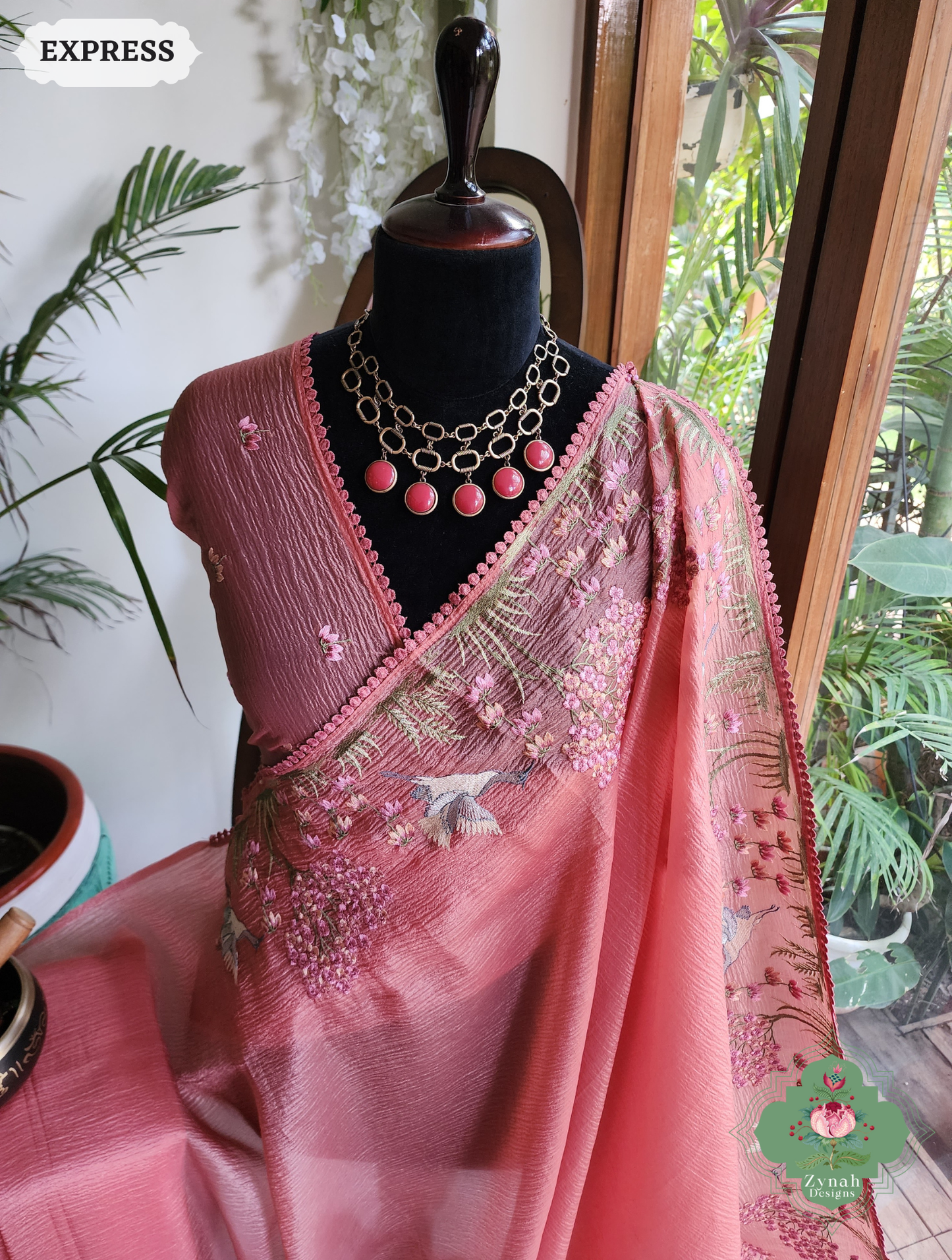 Zynah Peach Crushed Organza Tissue Saree With Exquisite Bird Embroidery; Custom Stitched/Ready-made Blouse, Fall, Petticoat; SKU: 0311202501