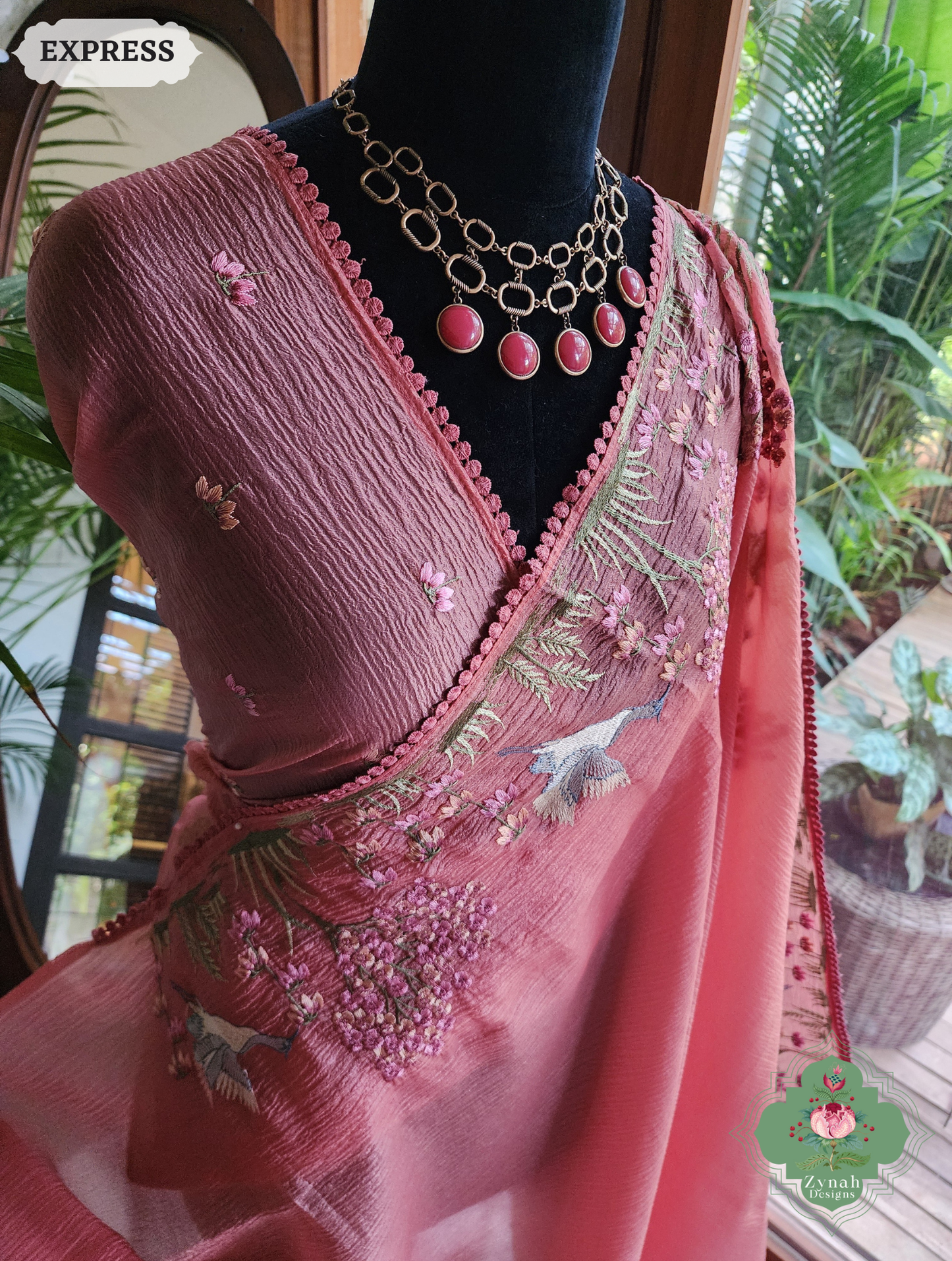 Zynah Peach Crushed Organza Tissue Saree With Exquisite Bird Embroidery; Custom Stitched/Ready-made Blouse, Fall, Petticoat; SKU: 0311202501