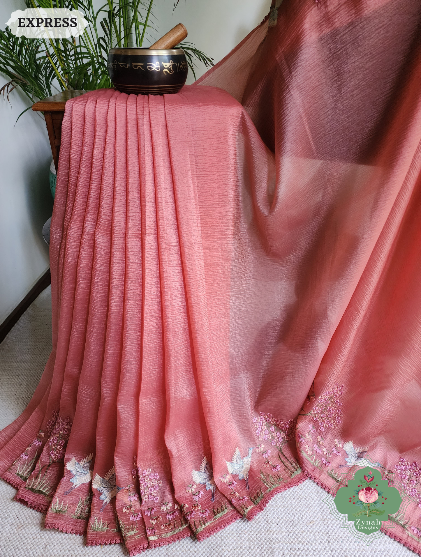 Zynah Peach Crushed Organza Tissue Saree With Exquisite Bird Embroidery; Custom Stitched/Ready-made Blouse, Fall, Petticoat; SKU: 0311202501