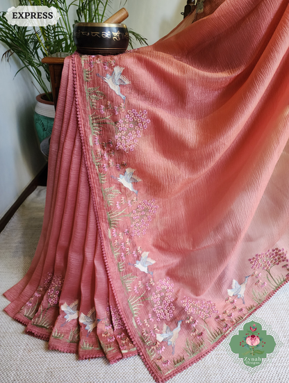 Zynah Peach Crushed Organza Tissue Saree With Exquisite Bird Embroidery; Custom Stitched/Ready-made Blouse, Fall, Petticoat; SKU: 0311202501