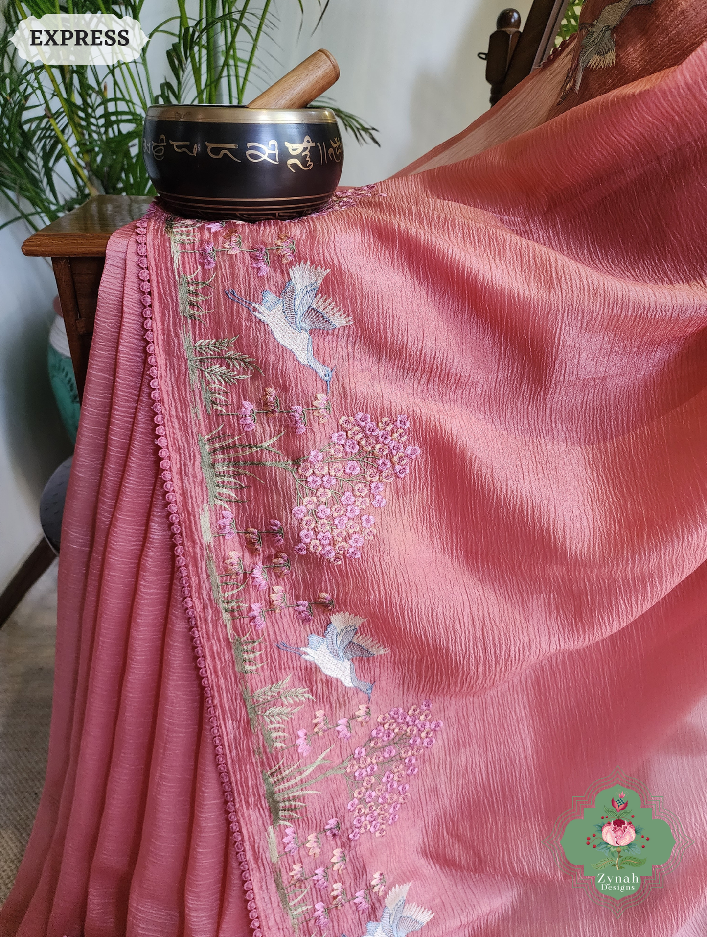 Zynah Peach Crushed Organza Tissue Saree With Exquisite Bird Embroidery; Custom Stitched/Ready-made Blouse, Fall, Petticoat; SKU: 0311202501