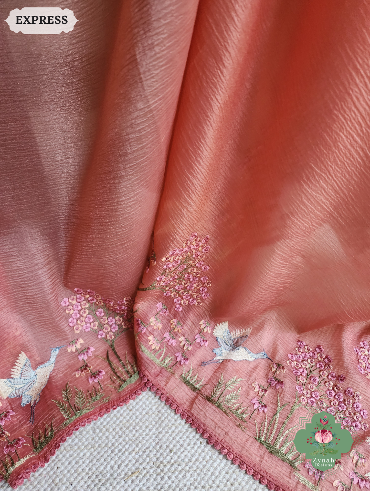 Zynah Peach Crushed Organza Tissue Saree With Exquisite Bird Embroidery; Custom Stitched/Ready-made Blouse, Fall, Petticoat; SKU: 0311202501