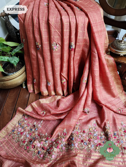Peach/Gold Self Checkered Tussar Silk Saree with Frenchknot Hand Embroidery & Sequins Work - Festive Elegance