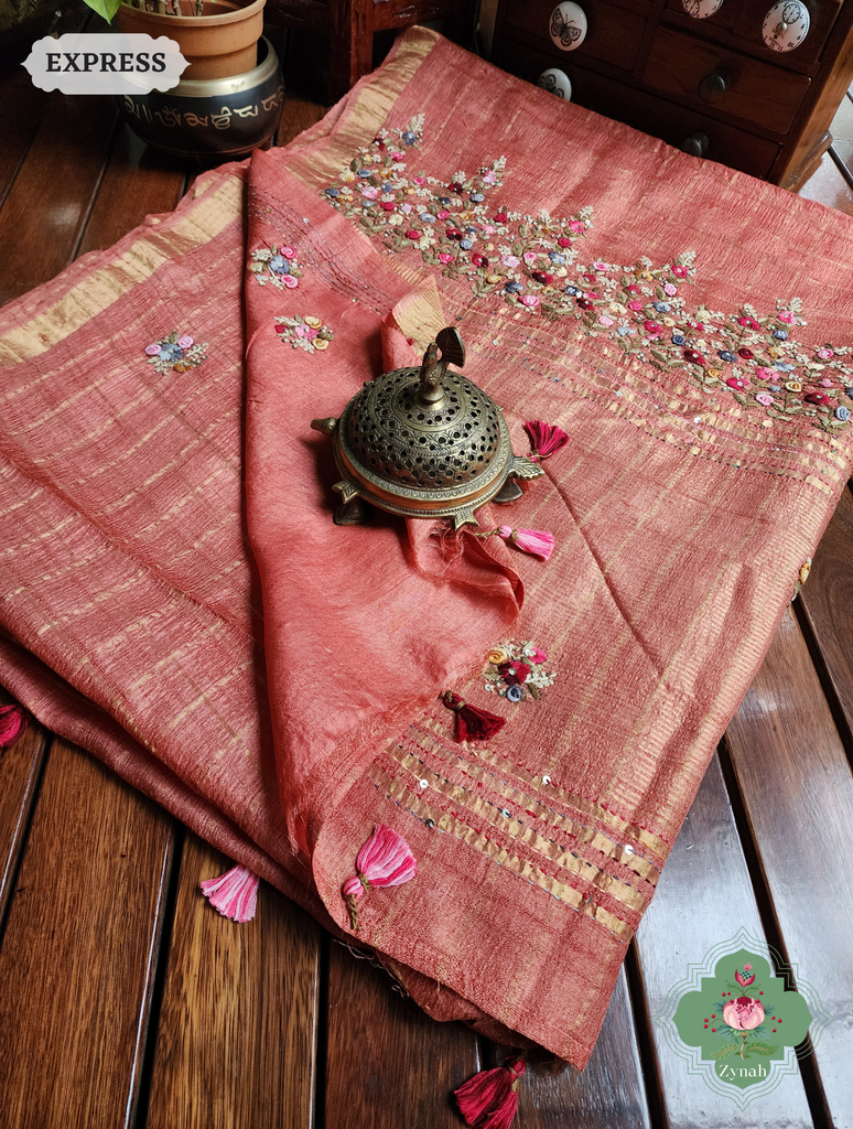 Zynah Peach / Gold Self Checkered Pure Tussar Silk Saree With Frenchknot Hand Embroidery; Custom Stitched/Ready-made Blouse, Fall, Petticoat; SKU: 2908202303