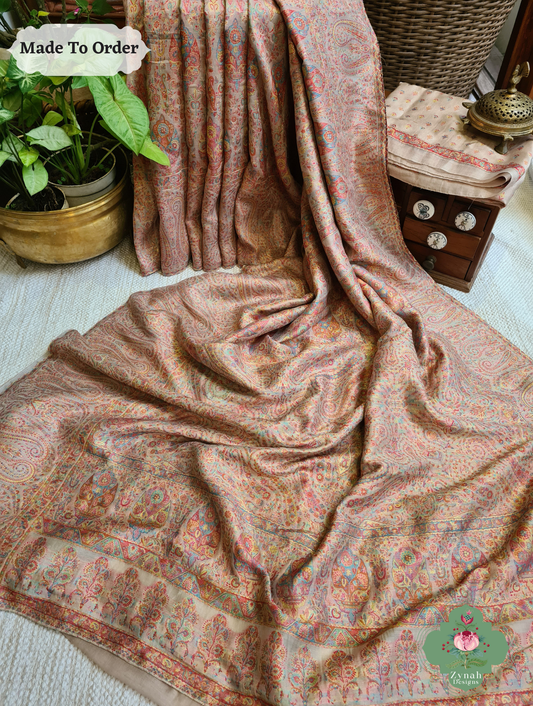 Zynah Peach Kashmiri Pure Kani Silk Jamavar Saree; Custom Stitched/Ready-made Blouse, Fall, Petticoat; SKU: 0703202501