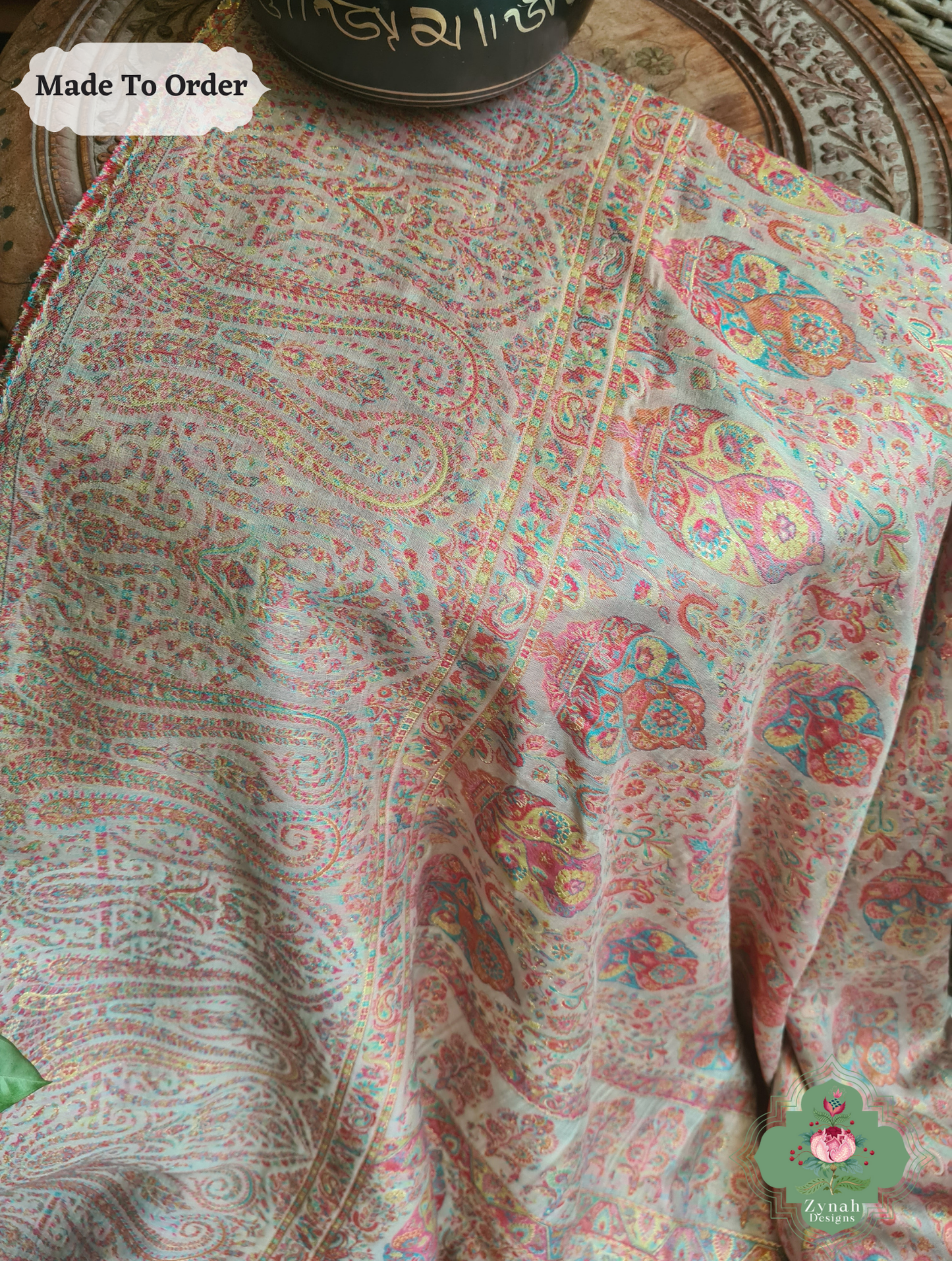 Zynah Peach Kashmiri Pure Kani Silk Jamavar Saree; Custom Stitched/Ready-made Blouse, Fall, Petticoat; SKU: 0703202501