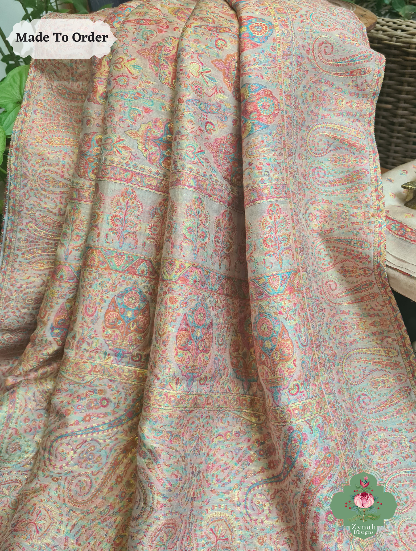 Zynah Peach Kashmiri Pure Kani Silk Jamavar Saree; Custom Stitched/Ready-made Blouse, Fall, Petticoat; SKU: 0703202501