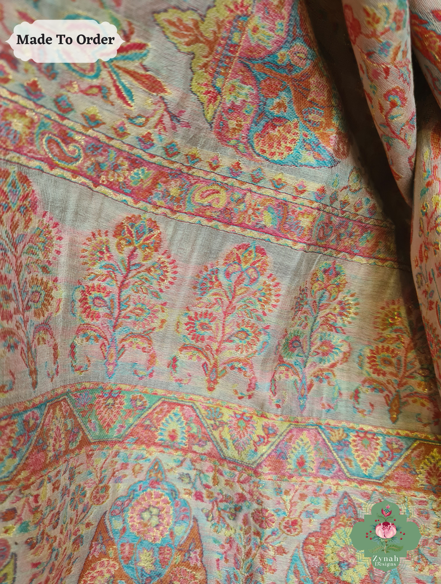 Zynah Peach Kashmiri Pure Kani Silk Jamavar Saree; Custom Stitched/Ready-made Blouse, Fall, Petticoat; SKU: 0703202501