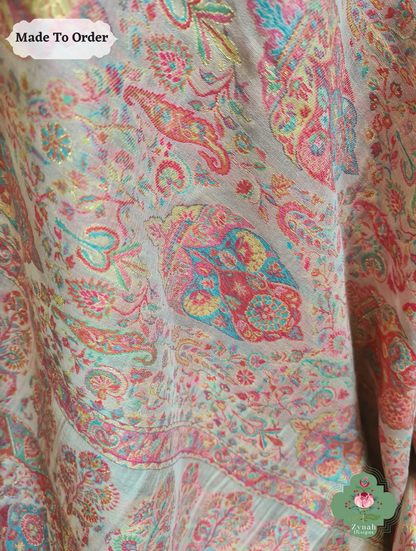Zynah Peach Kashmiri Pure Kani Silk Jamavar Saree; Custom Stitched/Ready-made Blouse, Fall, Petticoat; SKU: 0703202501
