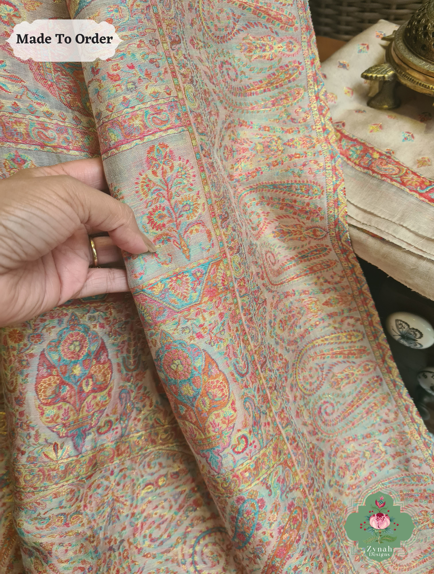 Zynah Peach Kashmiri Pure Kani Silk Jamavar Saree; Custom Stitched/Ready-made Blouse, Fall, Petticoat; SKU: 0703202501