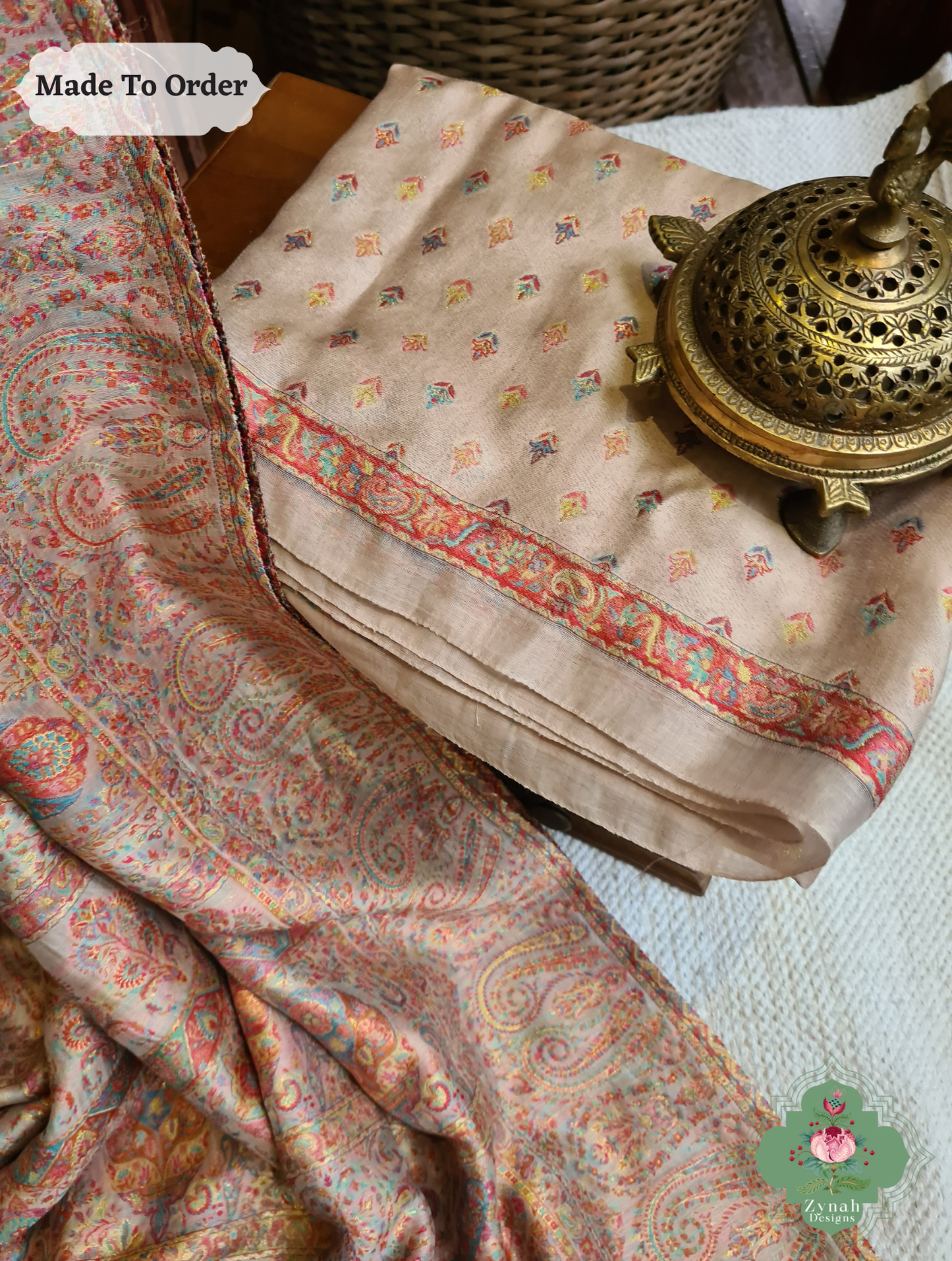 Zynah Peach Kashmiri Pure Kani Silk Jamavar Saree; Custom Stitched/Ready-made Blouse, Fall, Petticoat; SKU: 0703202501