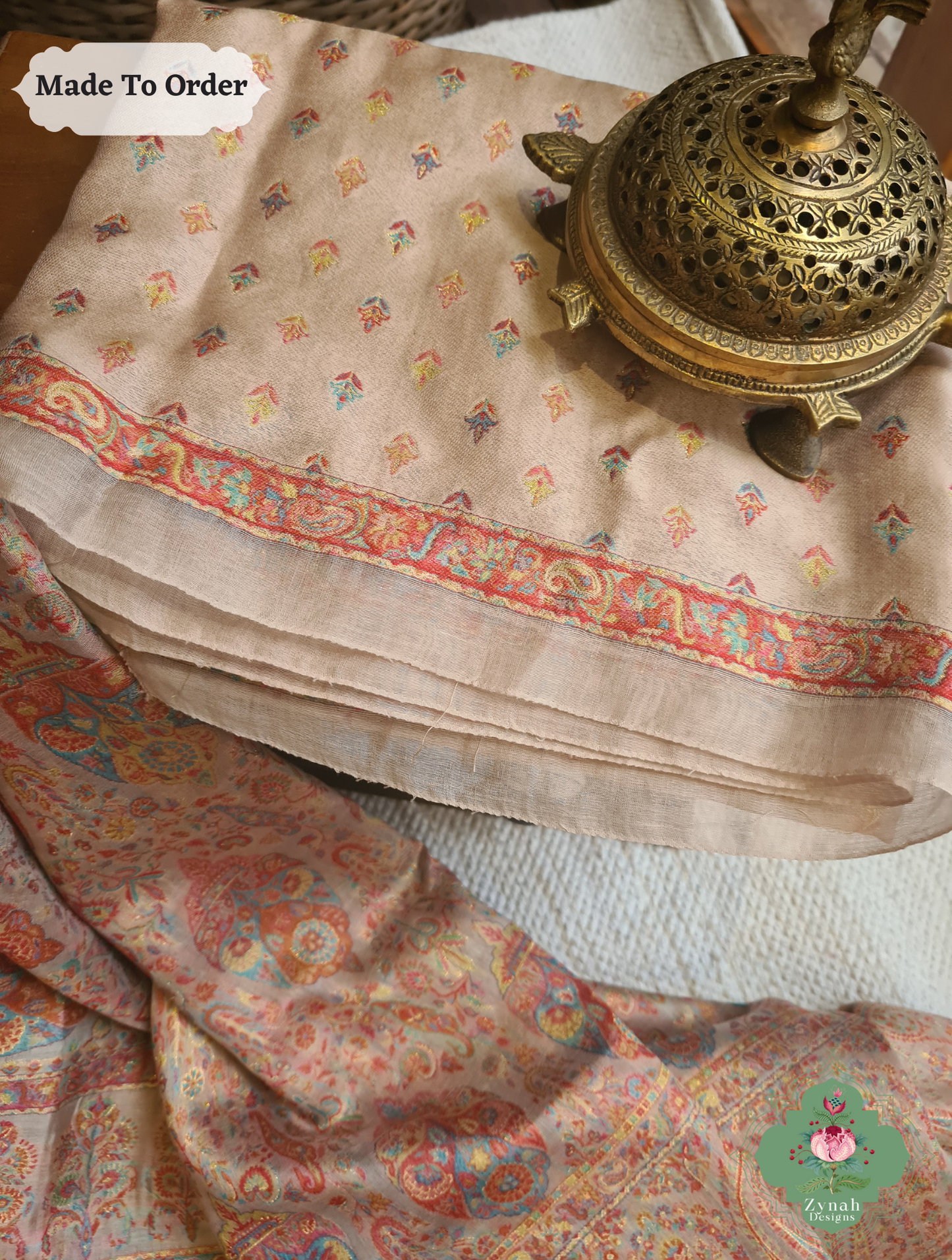 Zynah Peach Kashmiri Pure Kani Silk Jamavar Saree; Custom Stitched/Ready-made Blouse, Fall, Petticoat; SKU: 0703202501