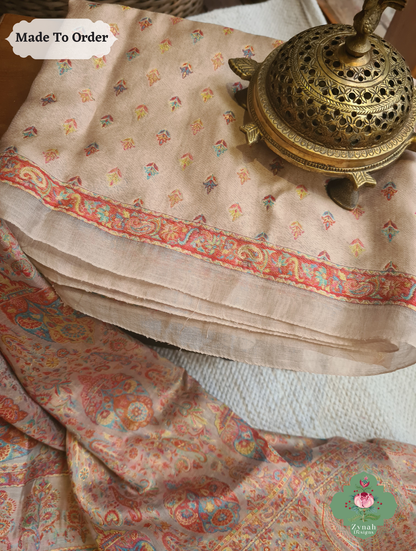 Zynah Peach Kashmiri Pure Kani Silk Jamavar Saree; Custom Stitched/Ready-made Blouse, Fall, Petticoat; SKU: 0703202501