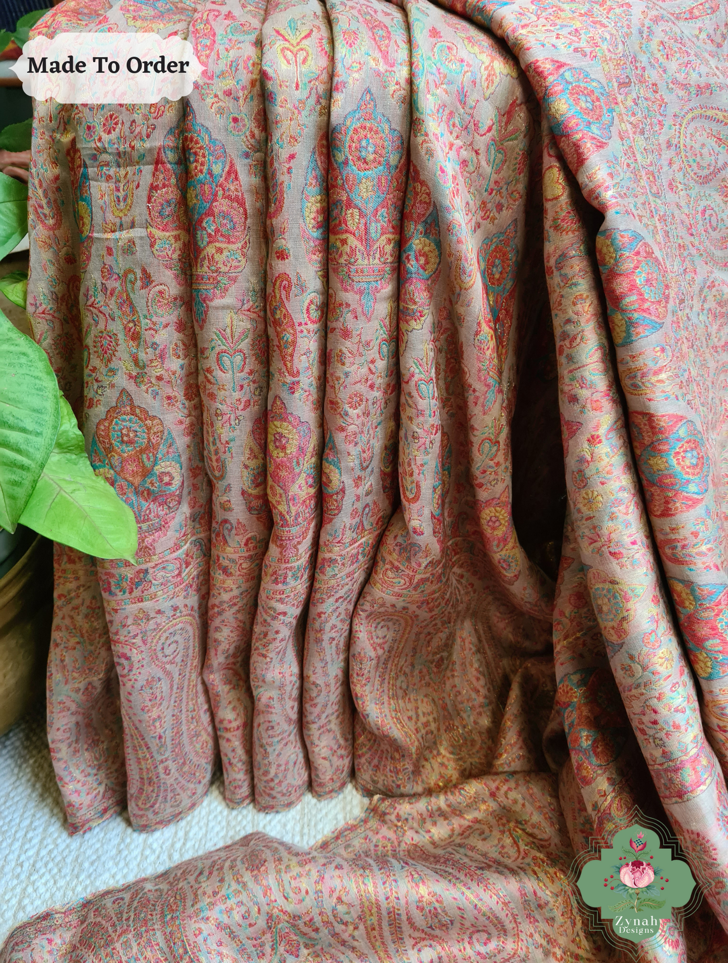 Zynah Peach Kashmiri Pure Kani Silk Jamavar Saree; Custom Stitched/Ready-made Blouse, Fall, Petticoat; SKU: 0703202501