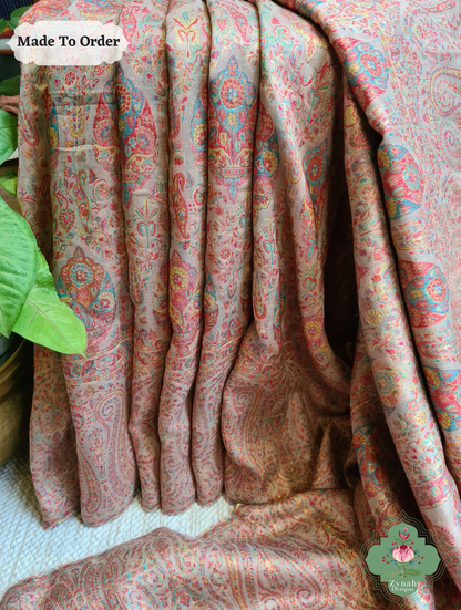 Zynah Peach Kashmiri Pure Kani Silk Jamavar Saree; Custom Stitched/Ready-made Blouse, Fall, Petticoat; SKU: 0703202501
