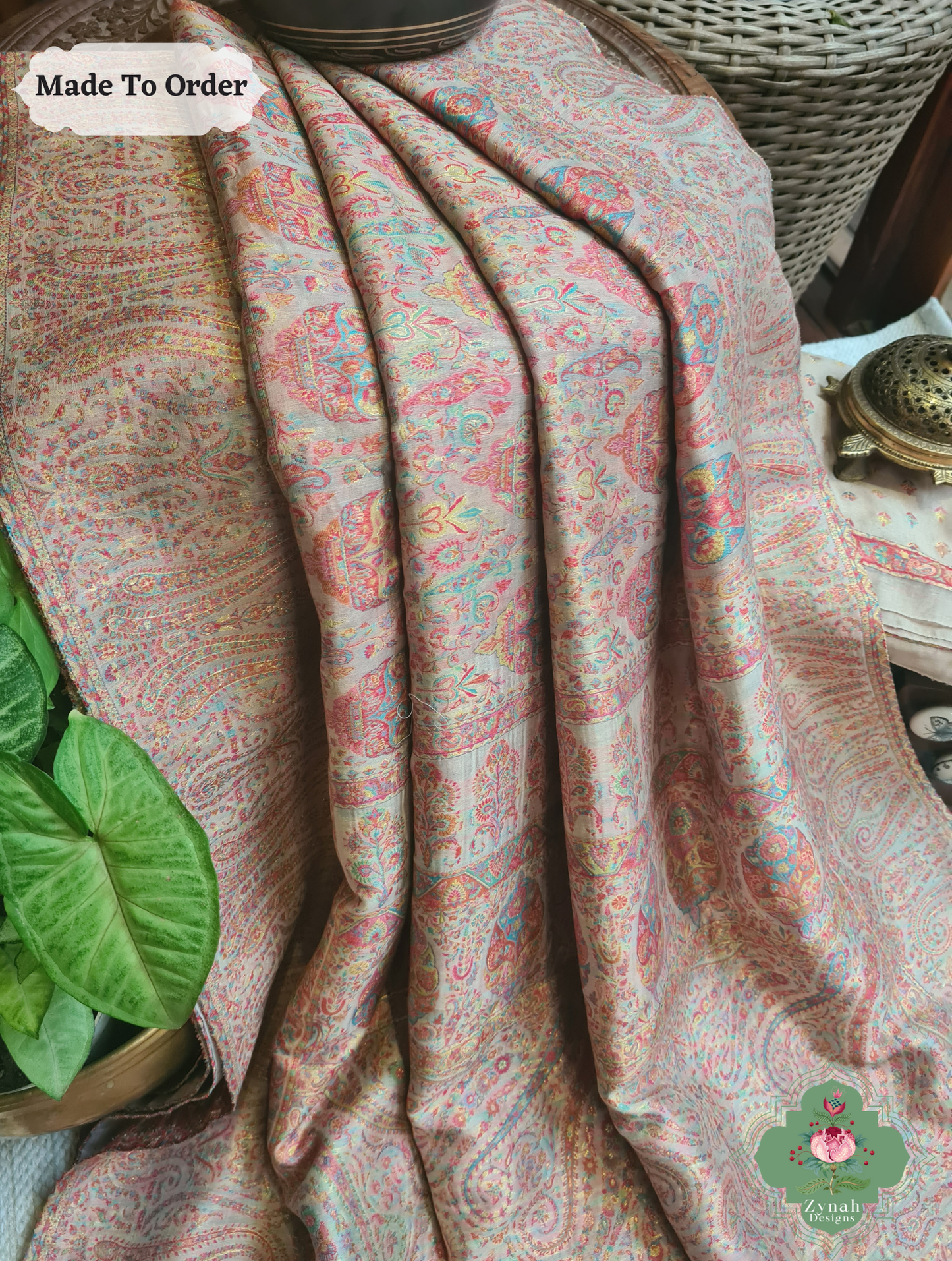 Zynah Peach Kashmiri Pure Kani Silk Jamavar Saree; Custom Stitched/Ready-made Blouse, Fall, Petticoat; SKU: 0703202501