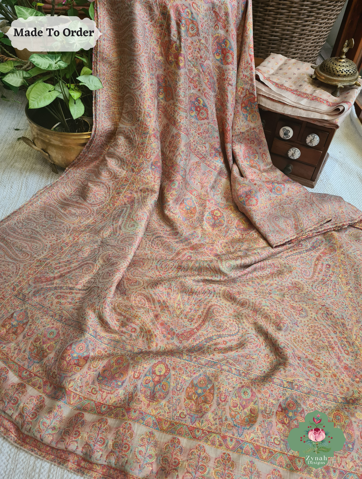 Zynah Peach Kashmiri Pure Kani Silk Jamavar Saree; Custom Stitched/Ready-made Blouse, Fall, Petticoat; SKU: 0703202501