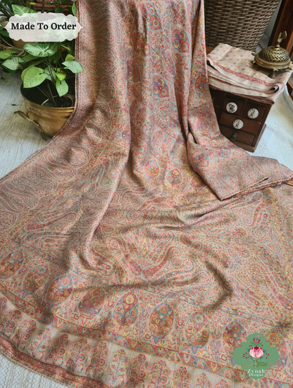 Zynah Peach Kashmiri Pure Kani Silk Jamavar Saree; Custom Stitched/Ready-made Blouse, Fall, Petticoat; SKU: 0703202501