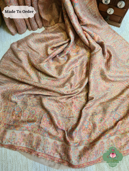 Zynah Peach Kashmiri Pure Kani Silk Jamavar Saree; Custom Stitched/Ready-made Blouse, Fall, Petticoat; SKU: 0703202501